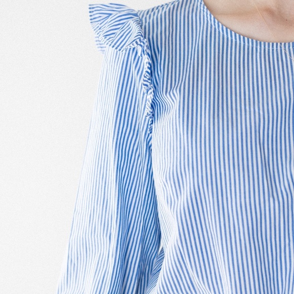 J. Crew Blue and White Striped Blouse with Ruffle Sleeves - Picture 5 of 6